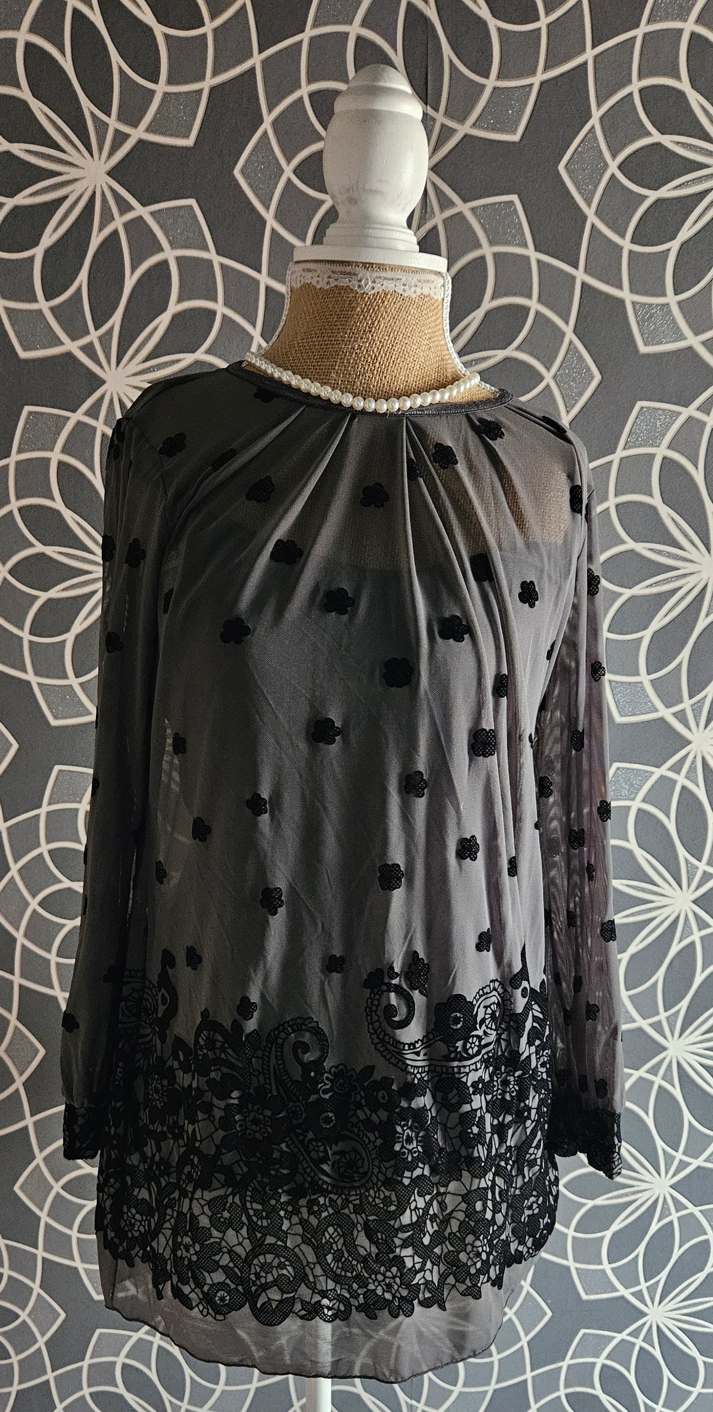 Ribbon Grey and Black Lace Top with under vest size 14